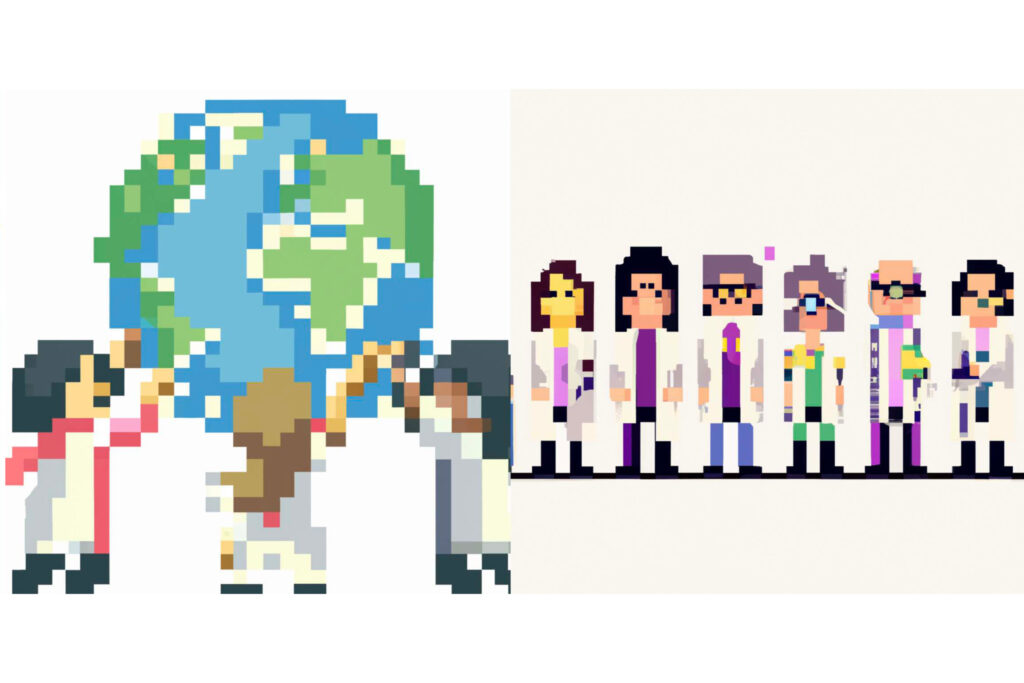 pixelart people touching a globe