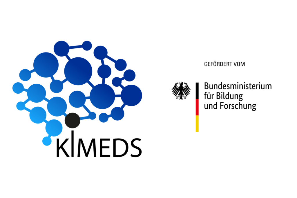 Logos KIMEDS Gehirn mit verbunden Punkten und BMBF Logo