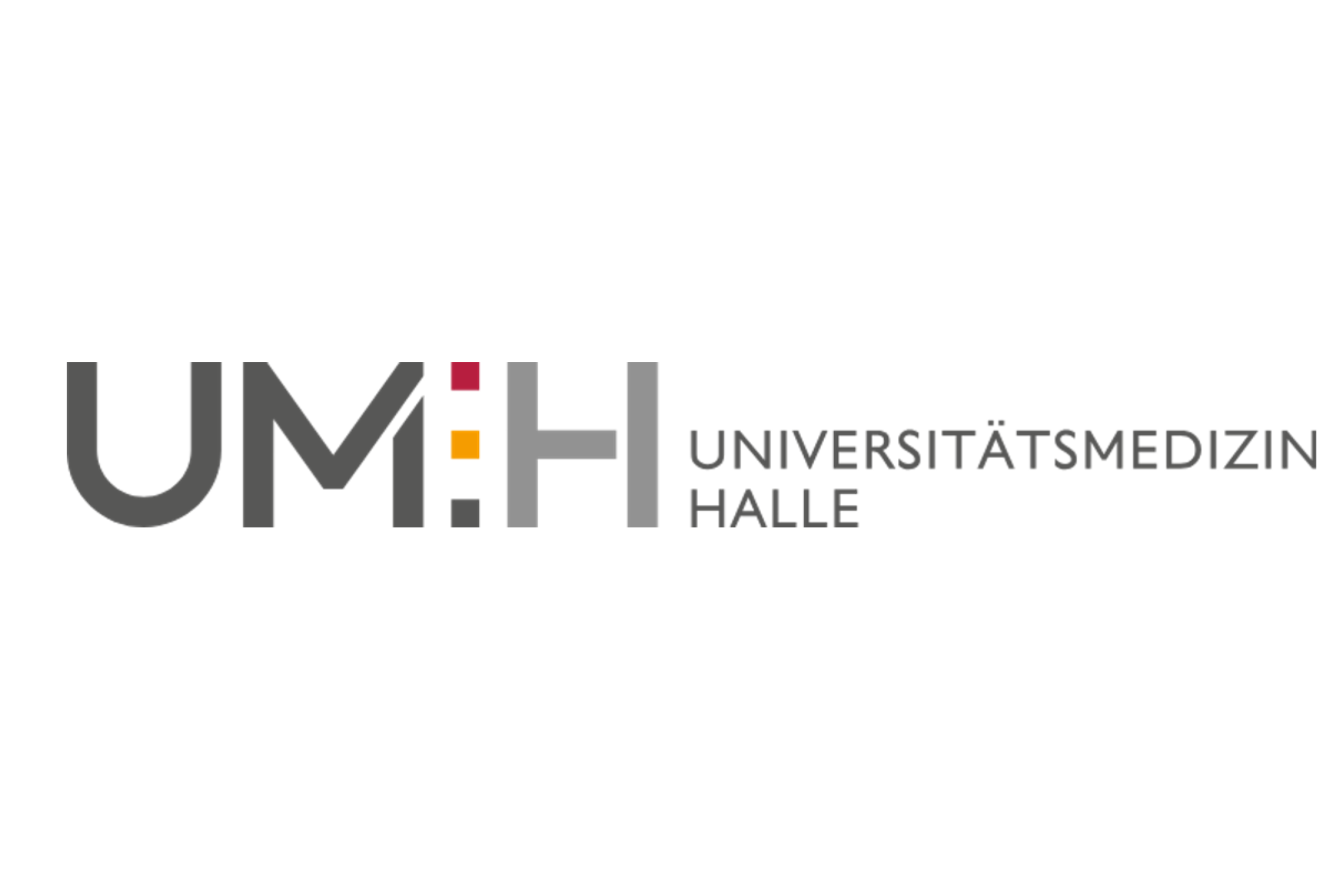 Schriftzug Universitätsmedizin Halle mit farbigen Pünktchen und Großbuchstaben UMH