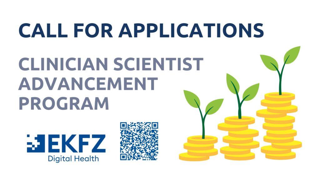 drei Münzhaufen aus denen eine kleine Pflanze wächst mit dem EKFZ Logo links und call for applications schriftzug