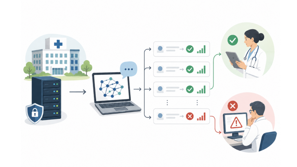AI-generated graphic showing a hospital, computer towers, a laptop on the left side and two doctors on the right side checking the decisions the AI agent made