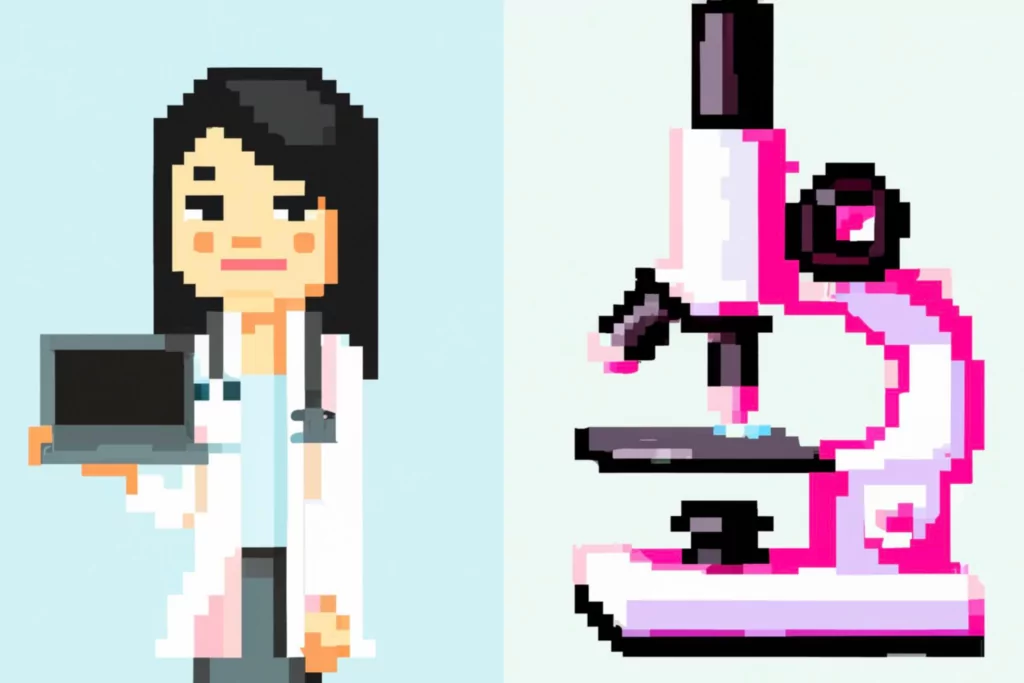 pixelart doctor with laptop left side and microscope right side