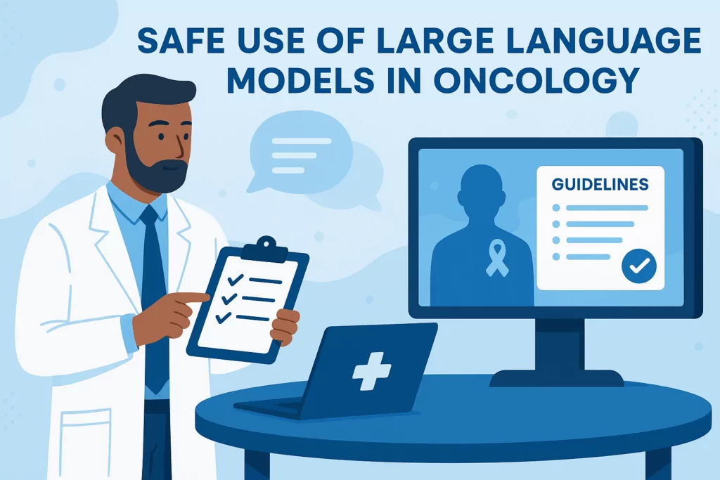 Infographic showing a doctor with a chart to illustrate guidelines for language models in oncology